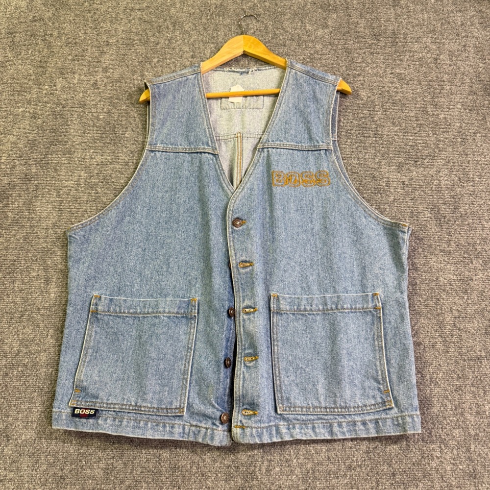 VTG Boss Denim Vest Mens XL Embroidered 90s Y2K Button Up